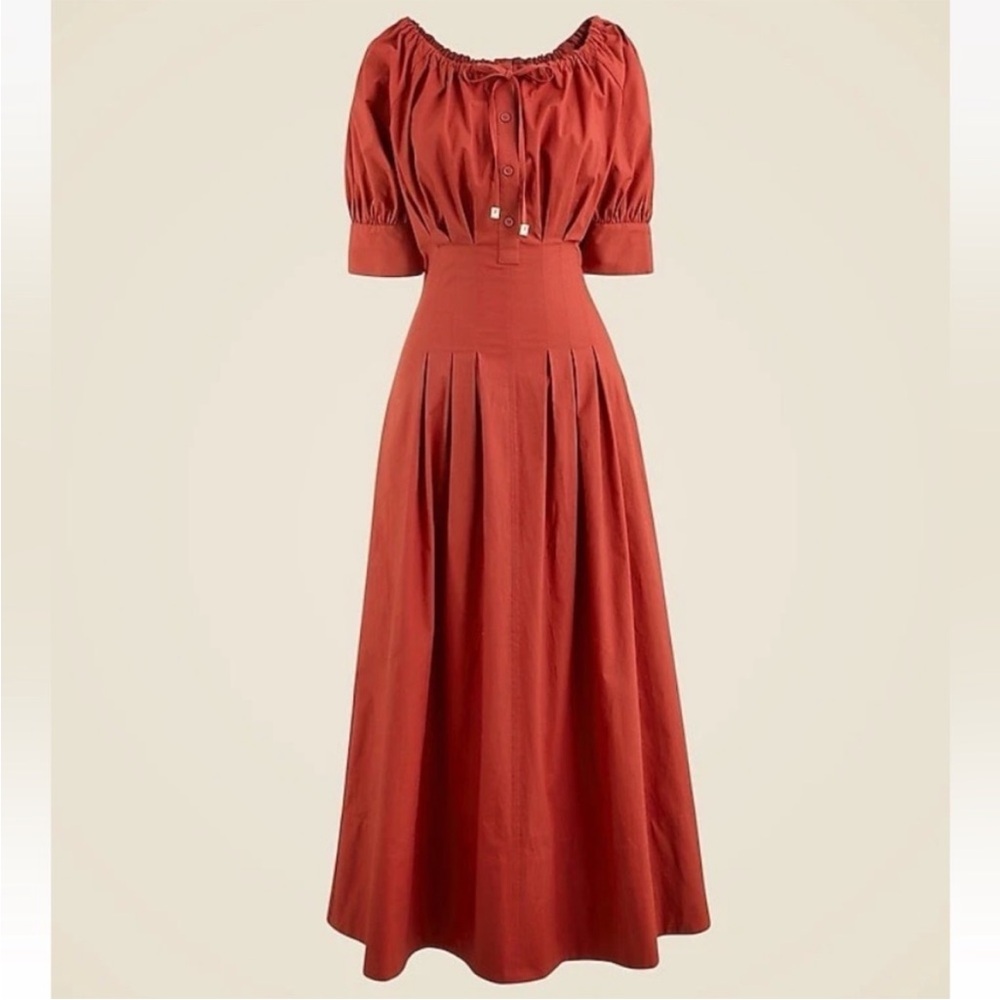 J. Crew Brick Red Midi Dress with Puff Sleeves - Picture 2 of 8